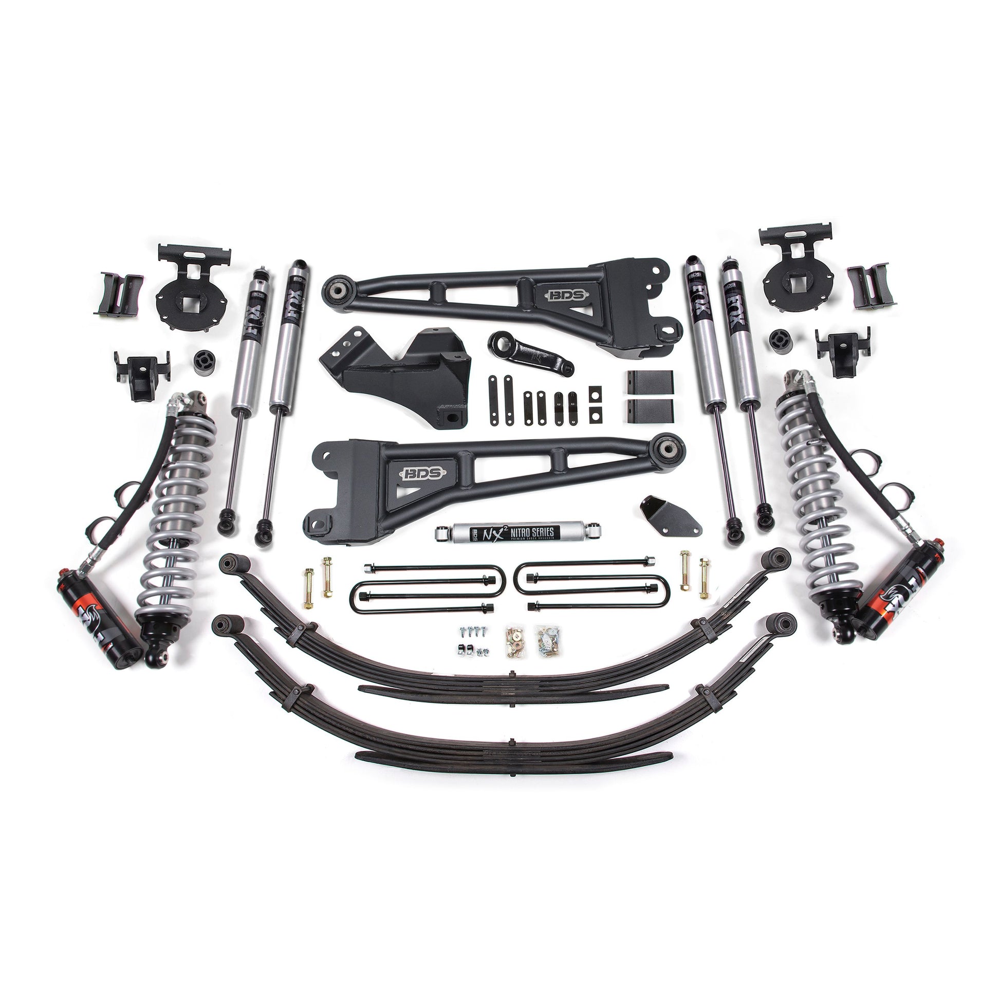 BDS Suspension lift kit components for 2008-2010 Super Duty, featuring FOX 2.5 coilovers and leaf springs.