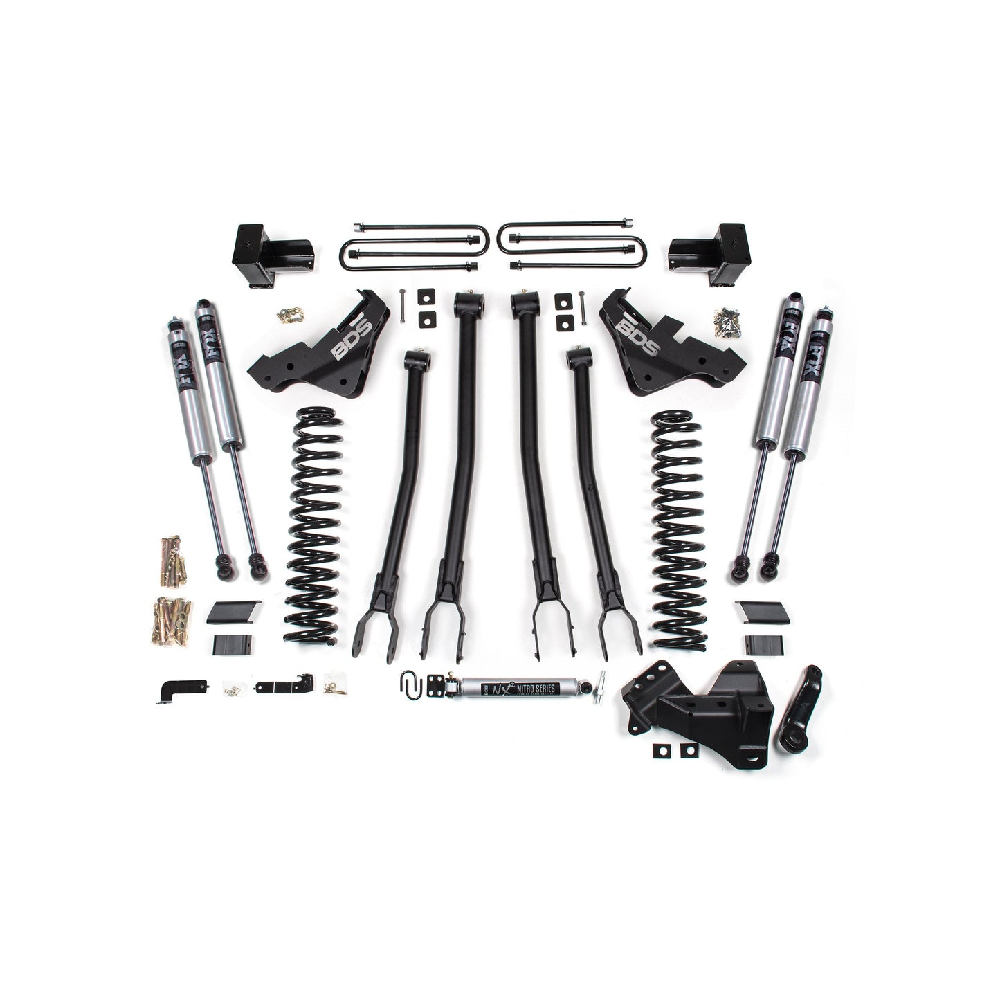 BDS Suspension 5" 4-Link Lift Kit components for 23-26 Super Duty Diesel with NX2 Nitro Shocks