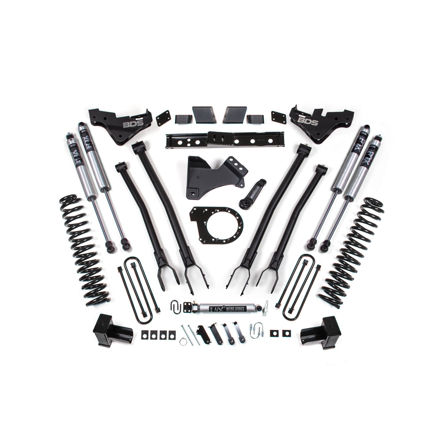 BDS Suspension lift kit components for 23-26 F-250/F-350 Super Duty, 7 inch lift with Fox 2.0 shocks.