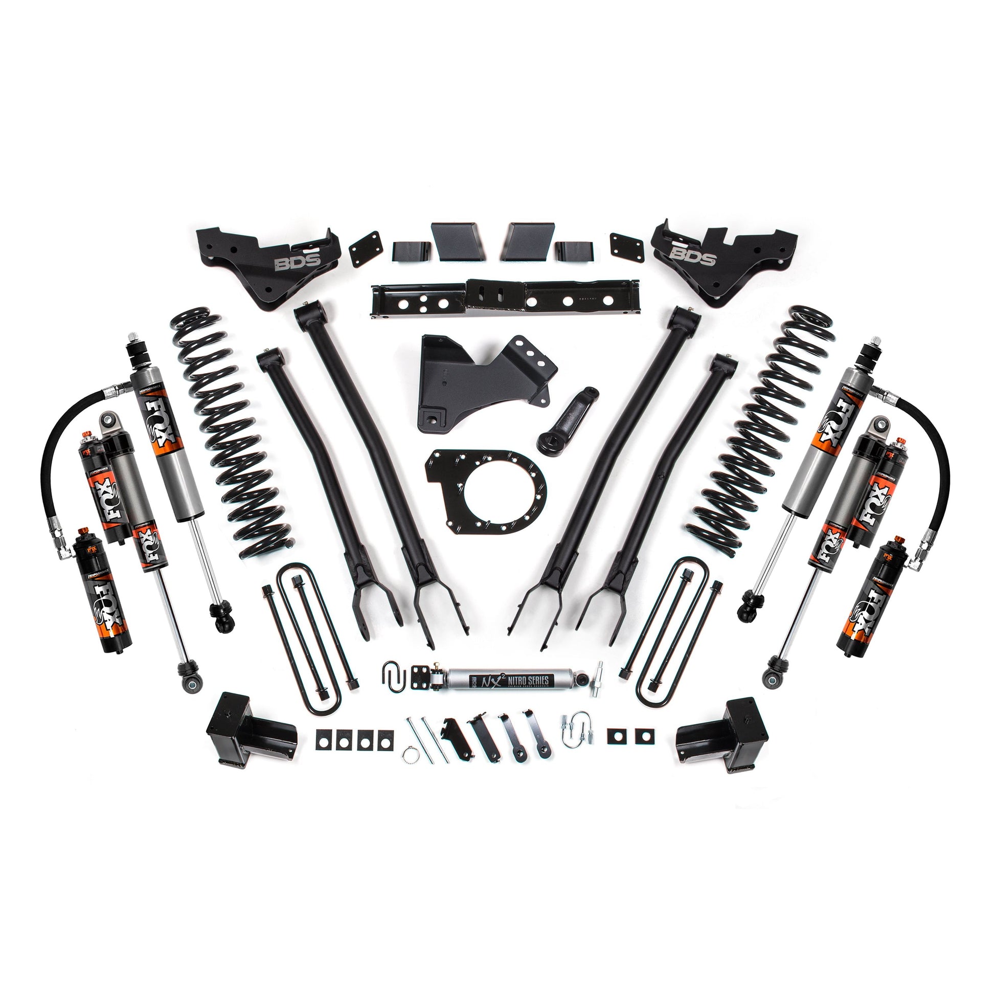 BDS Suspension 4-Link Lift Kit components for 23-26 F-250/F-350 Super Duty Diesel with Fox shocks