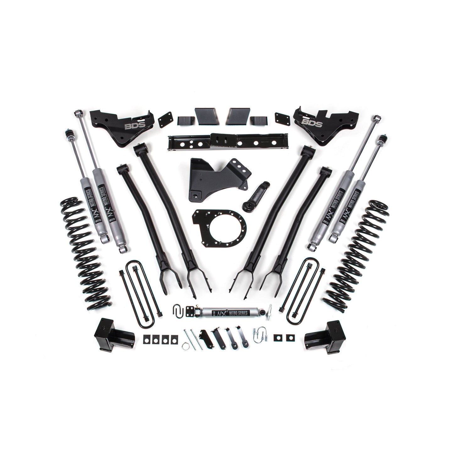 BDS Suspension lift kit components for 23-26 F-350 Super Duty with 7-inch lift and Fox shocks.