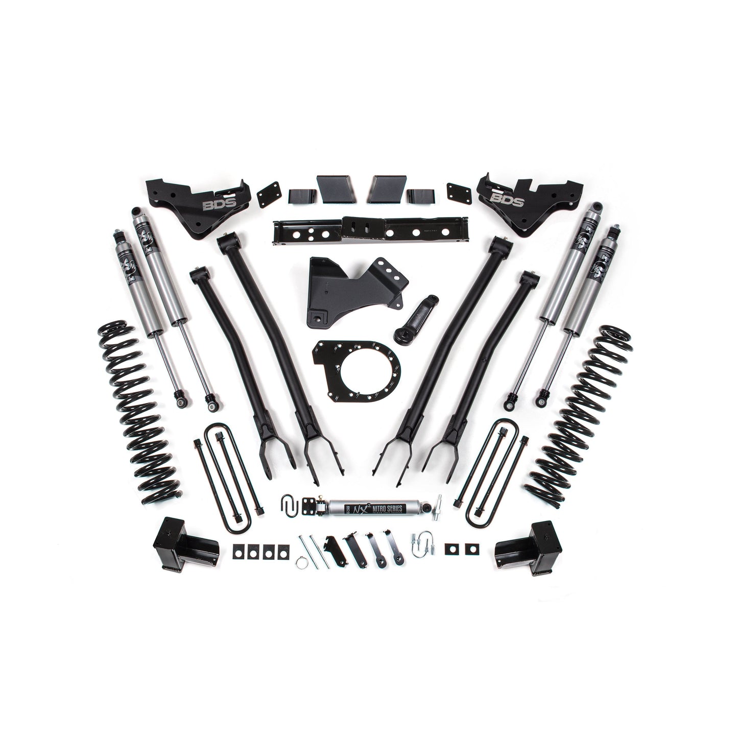 BDS Suspension lift kit components for 23-26 F-350 Super Duty dually diesel with Fox 2.0 shocks.
