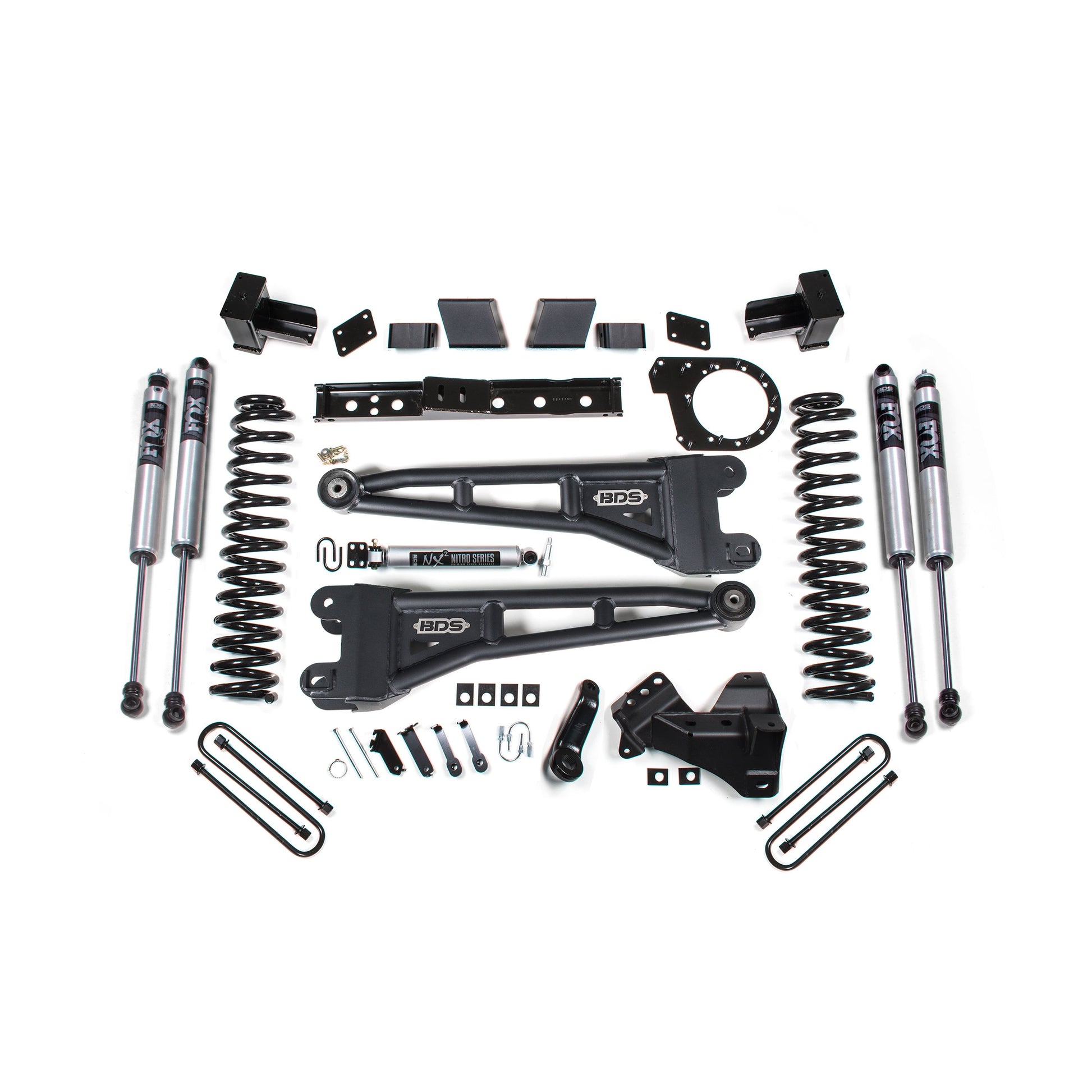 BDS Suspension lift kit components for 23-26 F-250/F-350 Super Duty with 7-inch lift and NX2 shocks.