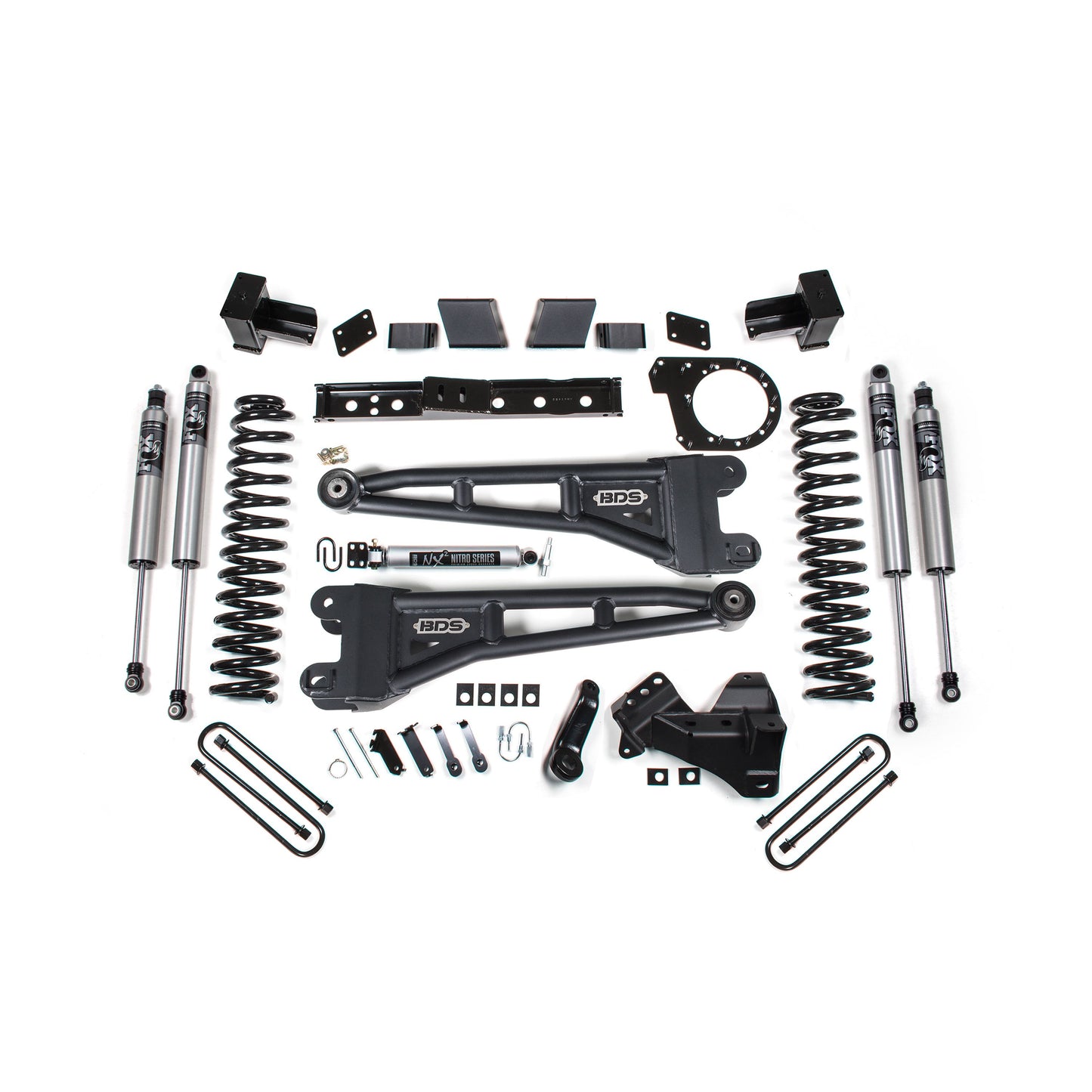 BDS Suspension lift kit components for 23-26 F-250/F-350 Super Duty with Fox shocks and coil springs.