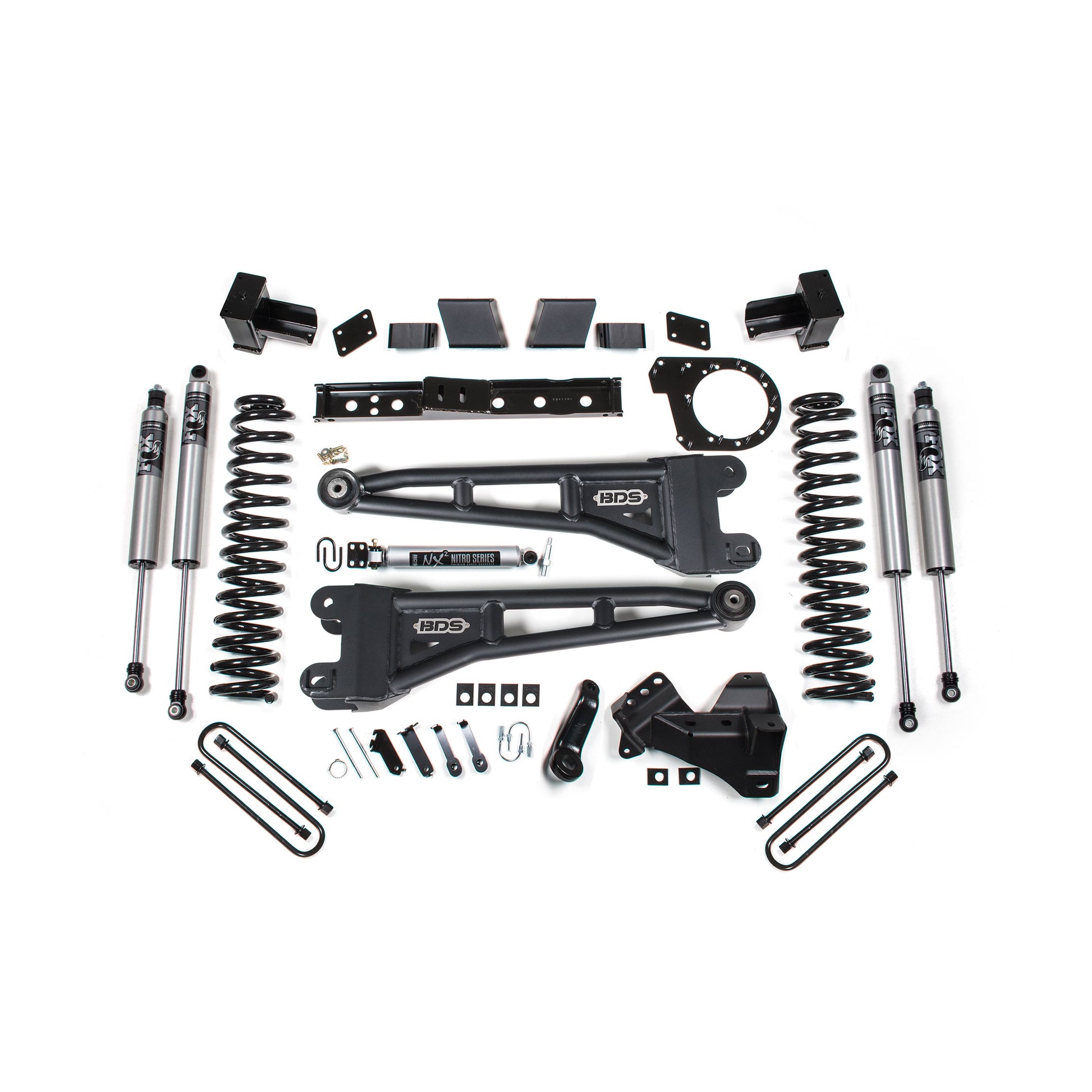 BDS Suspension lift kit components for 23-26 F-250/F-350 Super Duty with Fox shocks and coil springs.