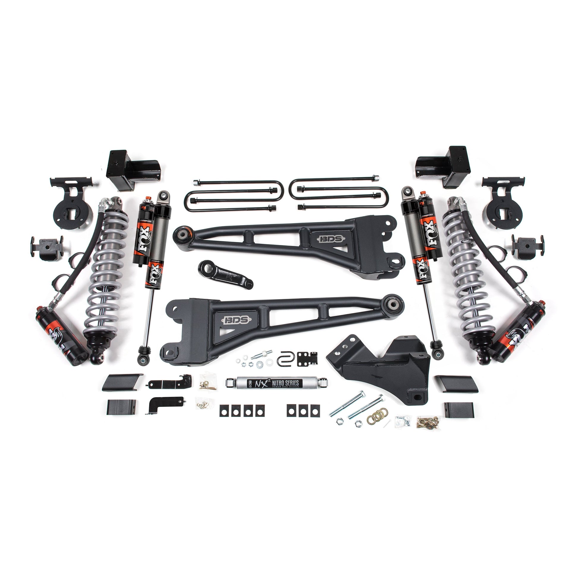 BDS Suspension lift kit components for 23-26 F-350 Super Duty with Fox 2.5 shocks and radius arms.