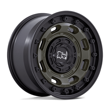 Black Rhino ATLAS Olive Drab Green W/ Black Lip wheel showcasing its durable design and off-road capabilities.