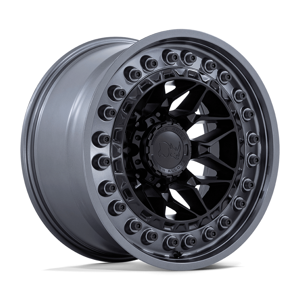 Black Rhino ALPHA Matte Black W/ Gunmetal Lip wheel showcasing unique mesh design.