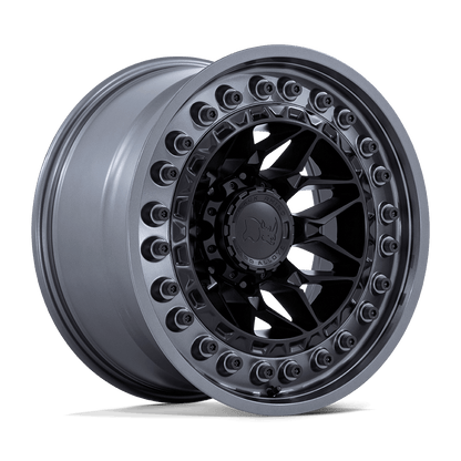 Black Rhino ALPHA Matte Black W/ Gunmetal Lip wheel showcasing unique mesh design.