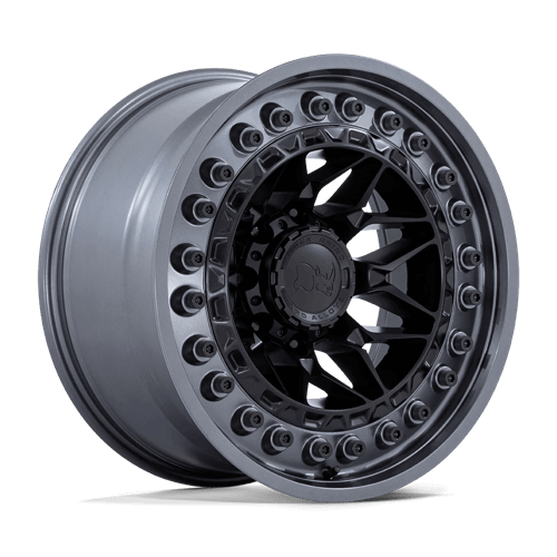 Black Rhino ALPHA Matte Black W/ Gunmetal Lip wheel showcasing a motorsports-inspired mesh design.