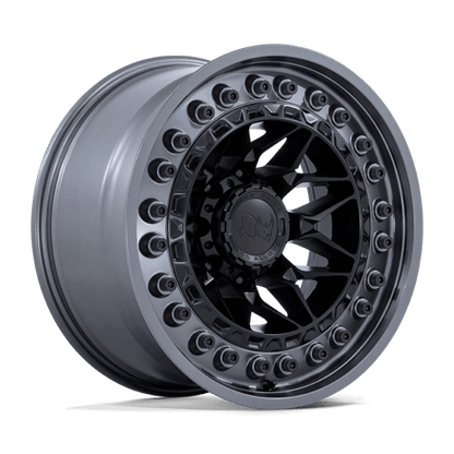 Black Rhino ALPHA Matte Black W/ Gunmetal Lip wheel showcasing a motorsports-inspired mesh design.