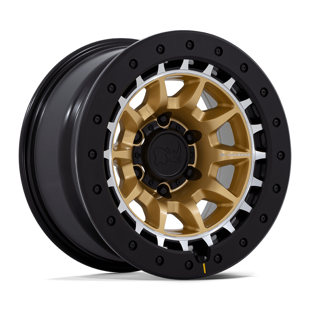Black Rhino BR016 TUSK Matte Gold W/ Machined Ring wheel showcasing durable design and multi-spoke aesthetic.