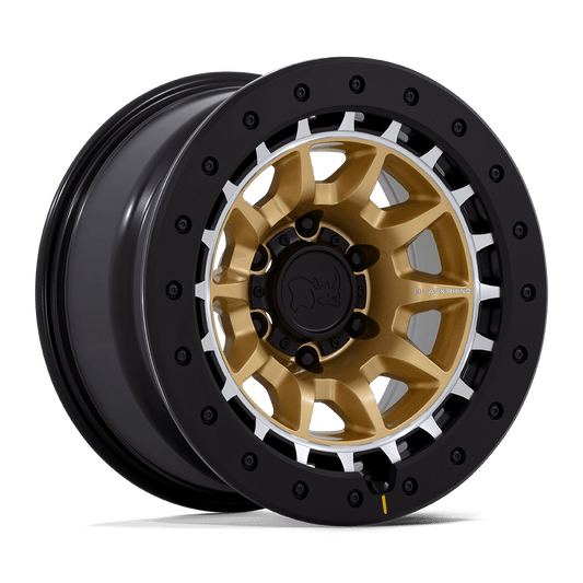 Black Rhino BR016 TUSK Matte Gold W/ Machined Ring wheel showcasing durable design and multi-spoke aesthetic.