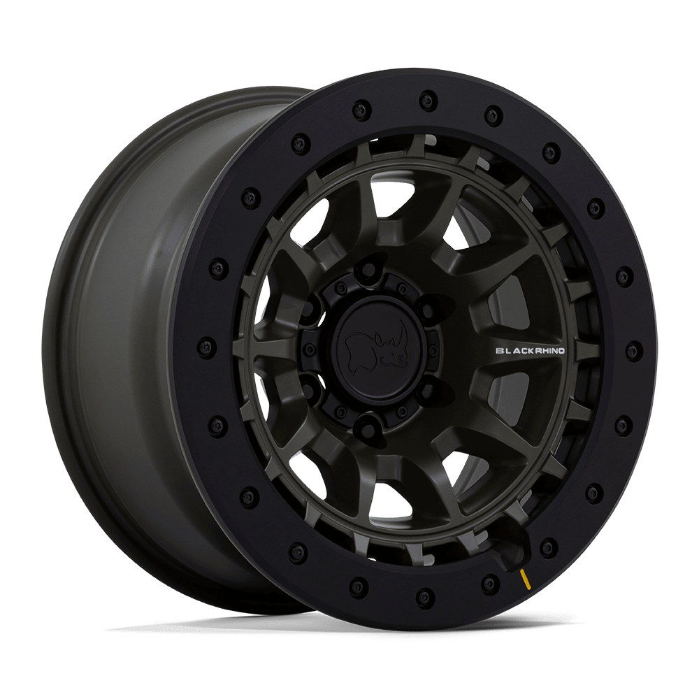 Black Rhino BR016 TUSK Olive Drab Green wheel showcasing its durability and off-road design features.