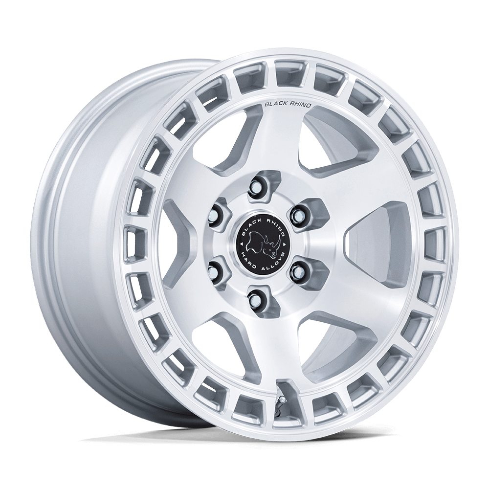 Black Rhino BR022 BAHARI Gloss Silver W/ Machined Face wheel showcasing its unique design and off-road capabilities.
