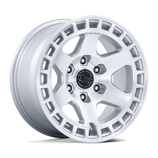 Black Rhino BR022 BAHARI Gloss Silver W/ Machined Face wheel showcasing its unique design and off-road capabilities.