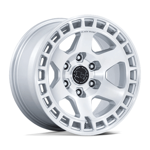 Black Rhino BR022 BAHARI Gloss Silver W/ Machined Face wheel showcasing its unique design and finish.