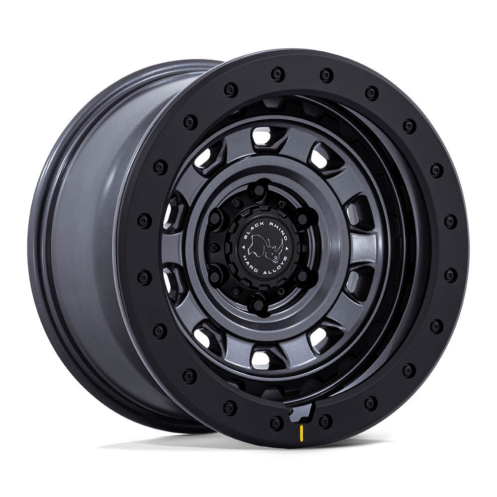 Black Rhino BR023 XPLORER Matte Gunmetal W/ Matte Blk-Lp wheel showcasing rugged style and removable rock guard ring.