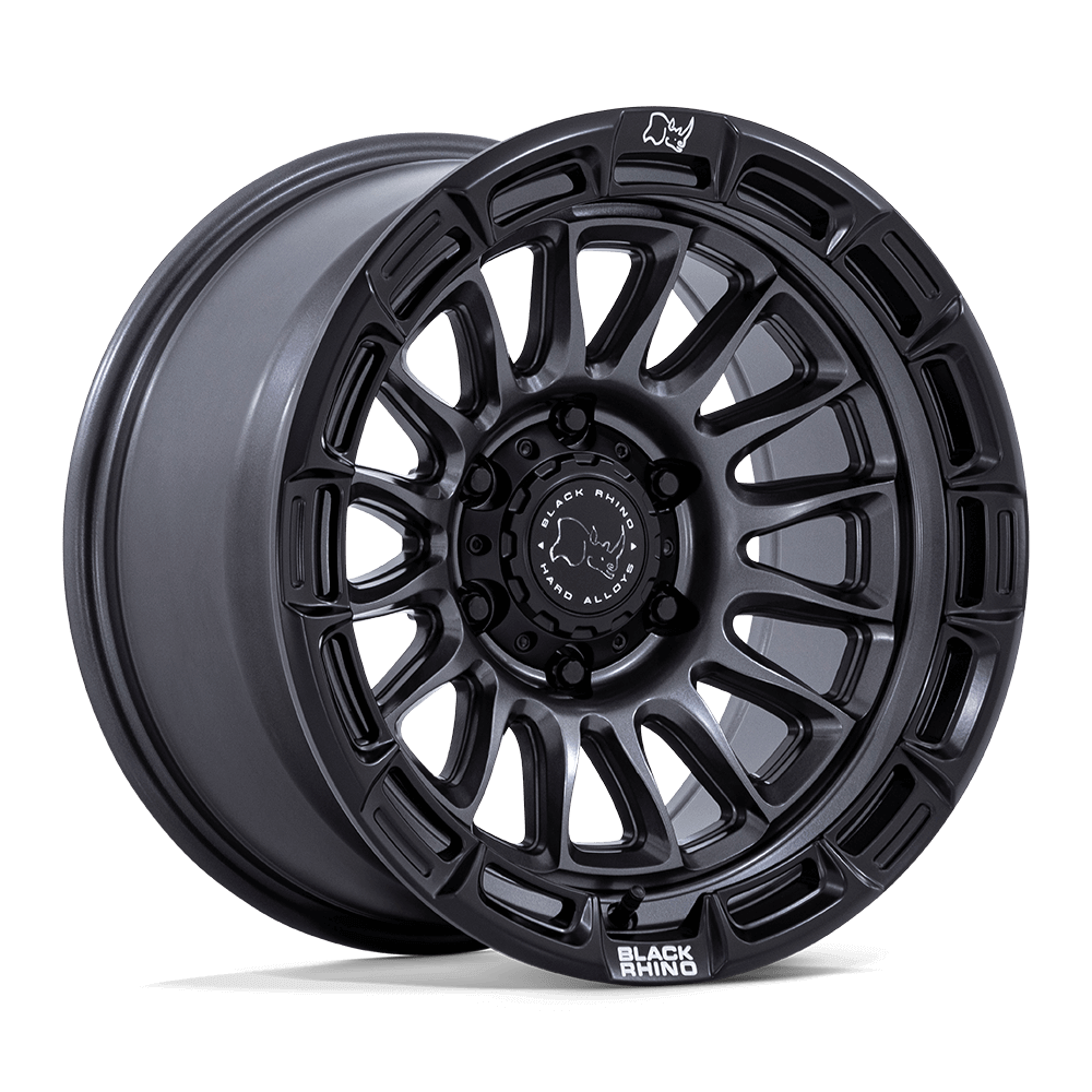 Black Rhino BR025 RIVAL Matte Gunmetal W/ Matte Blk-Lp wheel featuring aggressive design and wide-mesh spokes.