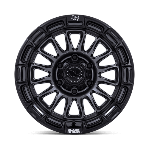 Black Rhino BR025 RIVAL Matte Gunmetal W/ Matte Blk-Lp front view showing wide-mesh spokes and fang-inspired lip design.