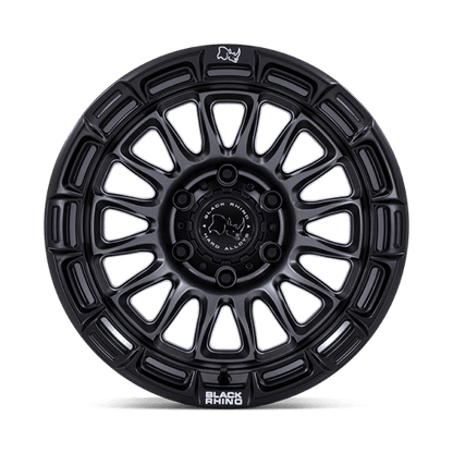 Black Rhino BR025 RIVAL Matte Gunmetal W/ Matte Blk-Lp front view showing wide-mesh spokes and fang-inspired lip design.