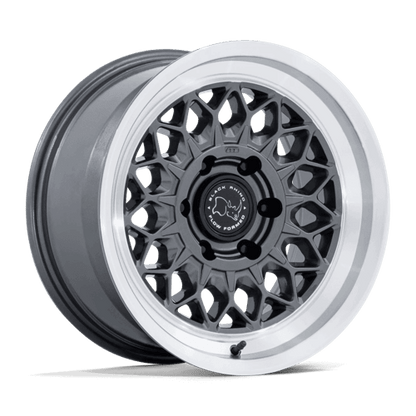 Black Rhino BR034 GRAZ Gloss Gunmetal W/ Machined Lip showing retro mesh design and stepped lip for vintage race look.