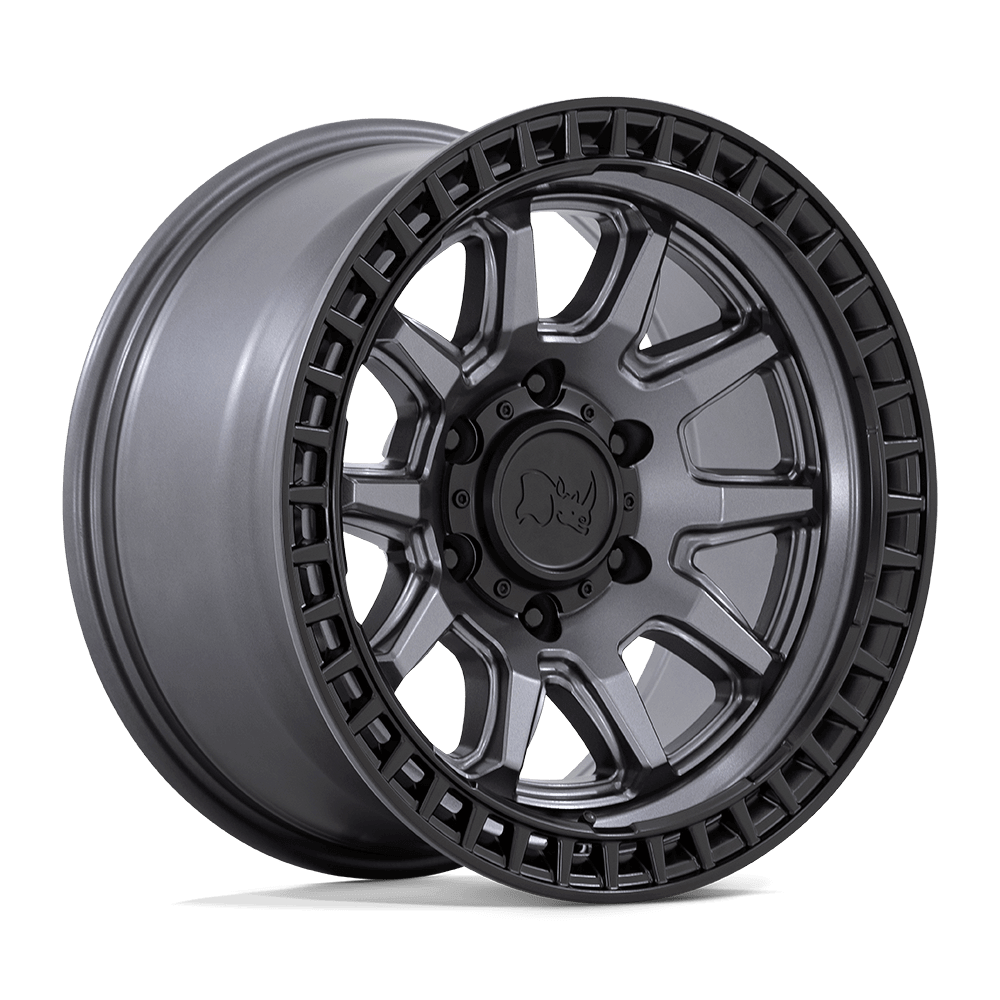 Black Rhino CALICO Matte Gunmetal W/ M-Black Lip wheel showcasing a rugged design and robust construction.