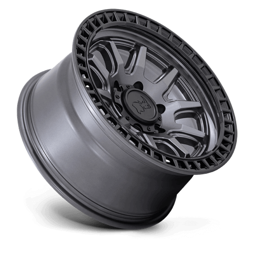 Black Rhino CALICO Matte Gunmetal W/ M-Black Lip wheel showcasing a rugged split five-spoke design.