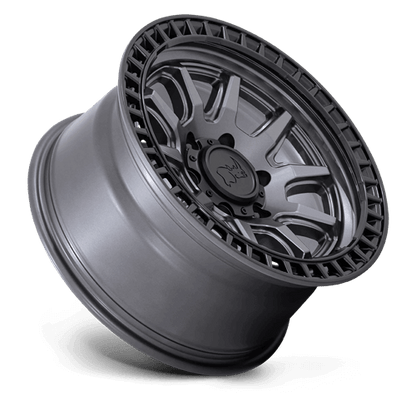 Black Rhino CALICO Matte Gunmetal W/ M-Black Lip wheel showcasing a rugged split five-spoke design.