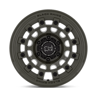 Black Rhino FUJI Olive Drab Green wheel with 5-lug design and industrial aesthetic.