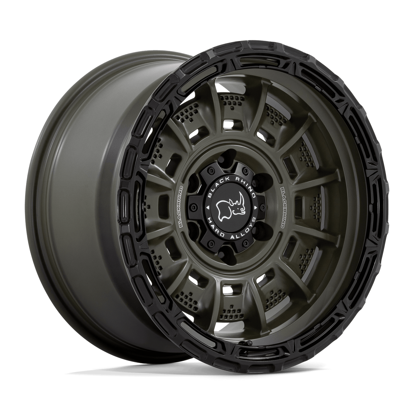 Black Rhino LEGION Olive Drab Green W/ Black Lip wheel showcasing military-inspired design and robust construction.