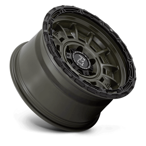 Black Rhino LEGION Olive Drab Green W/ Black Lip wheel showcasing unique geometric detailing and military-inspired design.