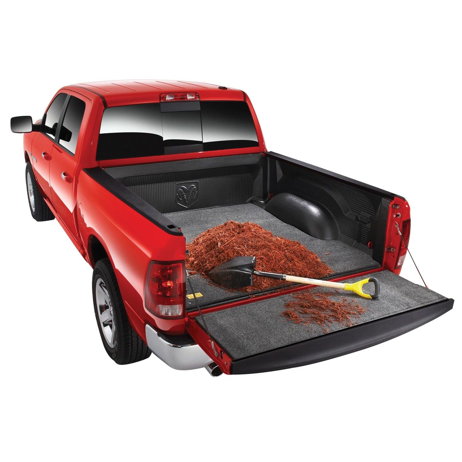 BedRug 2017-2024 Ford F250/F350 Super Duty 8.0' Long Bed Mat - Charcoal (BMQ17LBD) in red truck bed with mulch and tools.