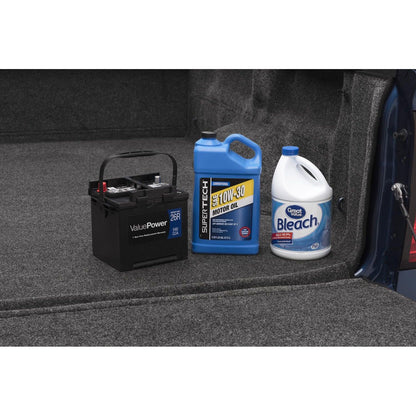 BedRug 07-18 - Charcoal (19 Legacy/Limited) Silverado/Sierra 6'6" Bed w/o Cargo Channel System Bed Liner w/ Tailgate Mat with battery and motor oil.