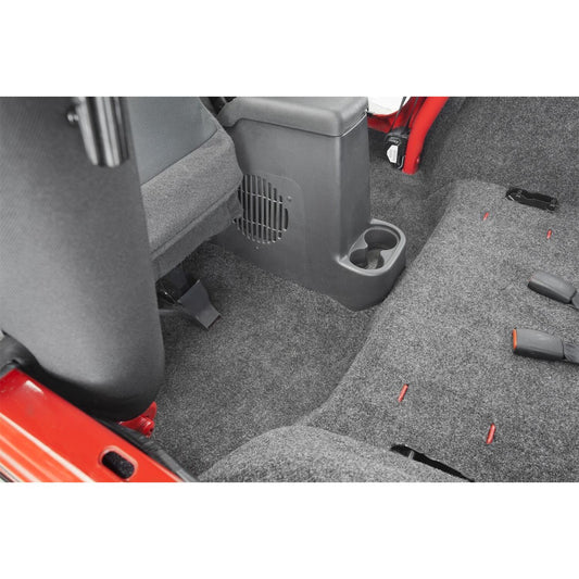 BedRug Jeep 76-80 Cj-7 RR Kit W/Gussets 4Pc Floor Kit - Charcoal installed interior view with driver panel and cup holder.