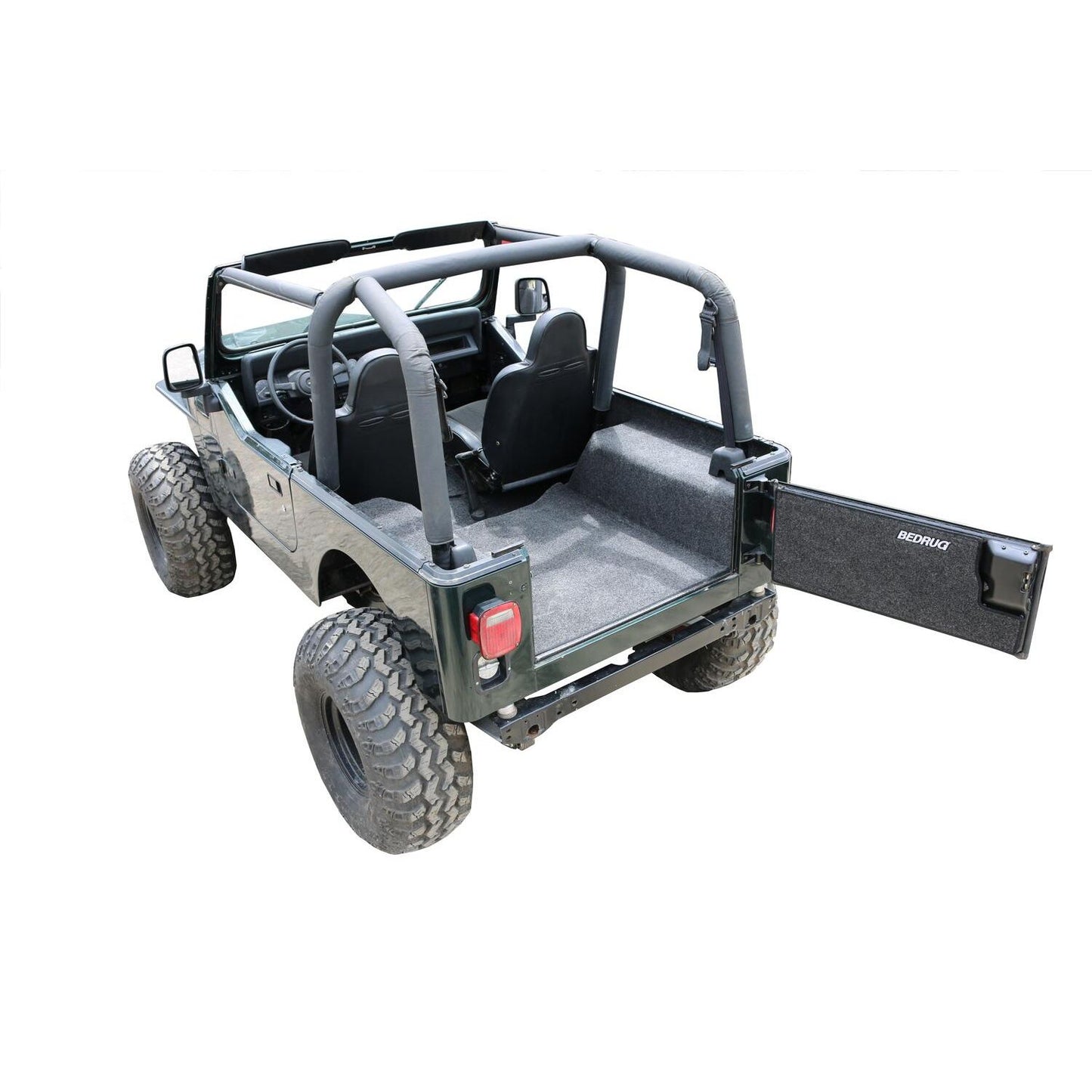 BedRug Jeep 76-80 Cj-7 RR Kit W/Gussets 4Pc Floor Kit - Charcoal installed in a Jeep with rear tailgate open.