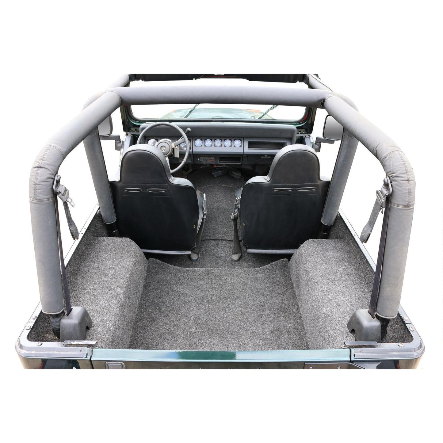 BedRug Jeep 76-80 Cj-7 RR Kit W/Gussets 4Pc Floor Kit - Charcoal interior view showing custom fit and carpet-like texture.