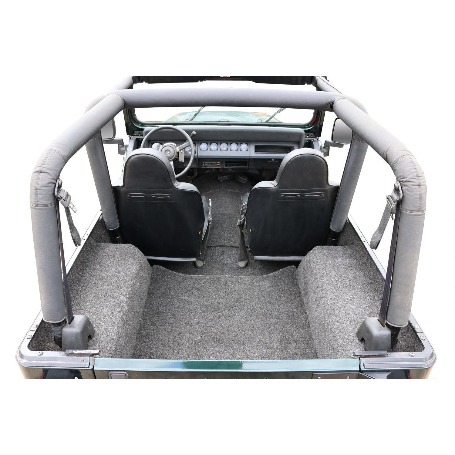 BedRug Jeep 81-86 Cj-7 RR Kit w/o Gussets 4Pc Cargo Kit - Charcoal (Inc Tlgte & Cargo Lnr) Cargo Kit installed in Jeep interior.