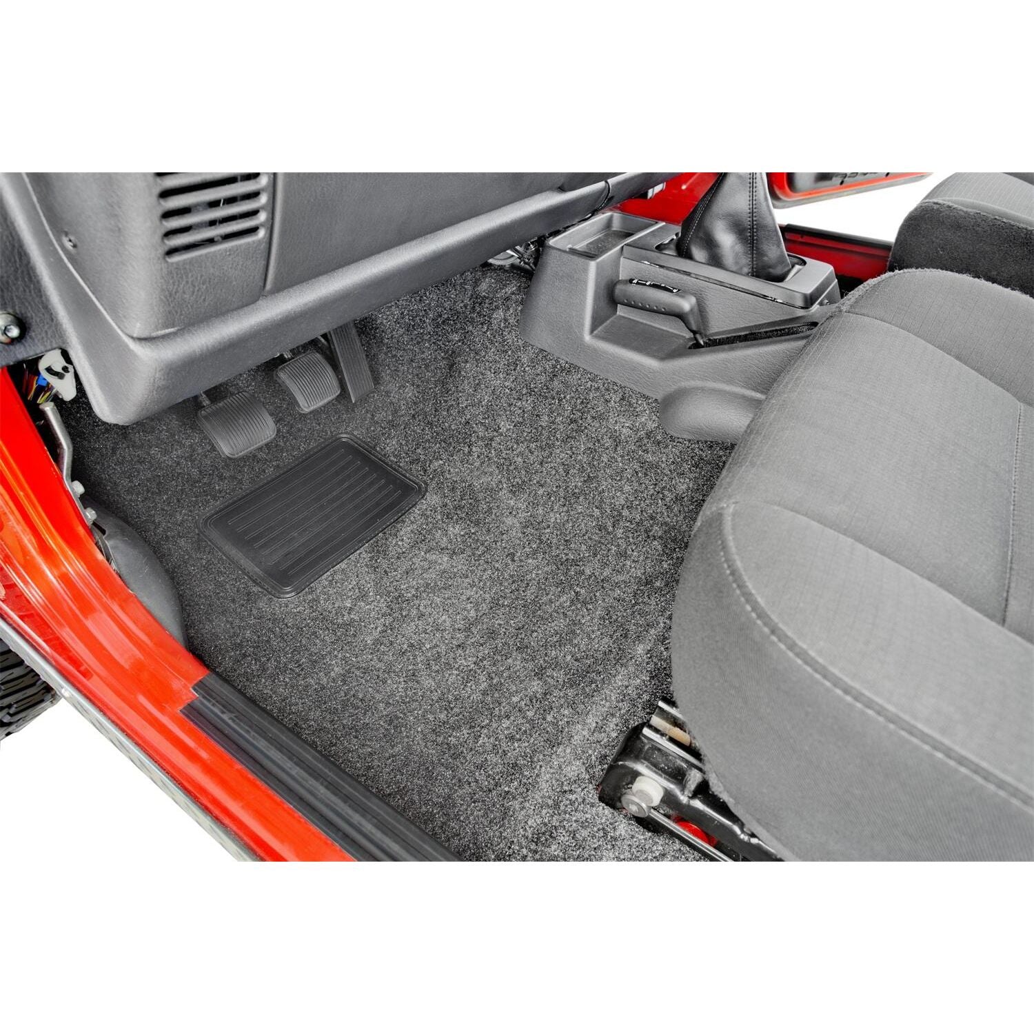 BedRug Jeep 76-95 Jeep Cj-7/Yj Front Kit 8Pc Floor Kit - Charcoal (Includes Heat Shields) Floor Liner Kit in vehicle interior view