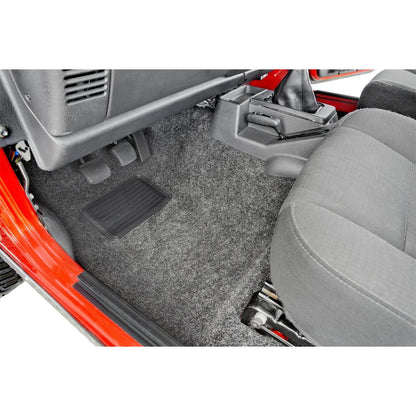 BedRug Jeep 76-95 Jeep Cj-7/Yj Front Kit 8Pc Floor Kit - Charcoal (Includes Heat Shields) Floor Liner Kit in vehicle interior view