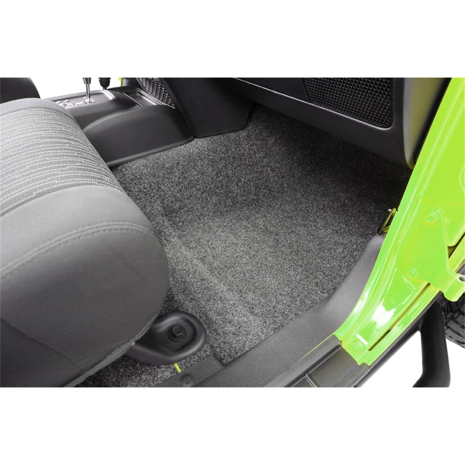 BedRug Jeep 76-95 Jeep Cj-7/Yj Front Kit 8Pc Floor Kit - Charcoal (Includes Heat Shields) installed in a Jeep.