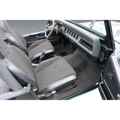 BedRug Jeep 76-95 Jeep Cj-7/Yj Front Kit 8Pc Floor Kit - Charcoal (Includes Heat Shields) Floor Liner Kit 8 pc. Front Kit Includes Heat Shields Bed Liner installed in Jeep interior.