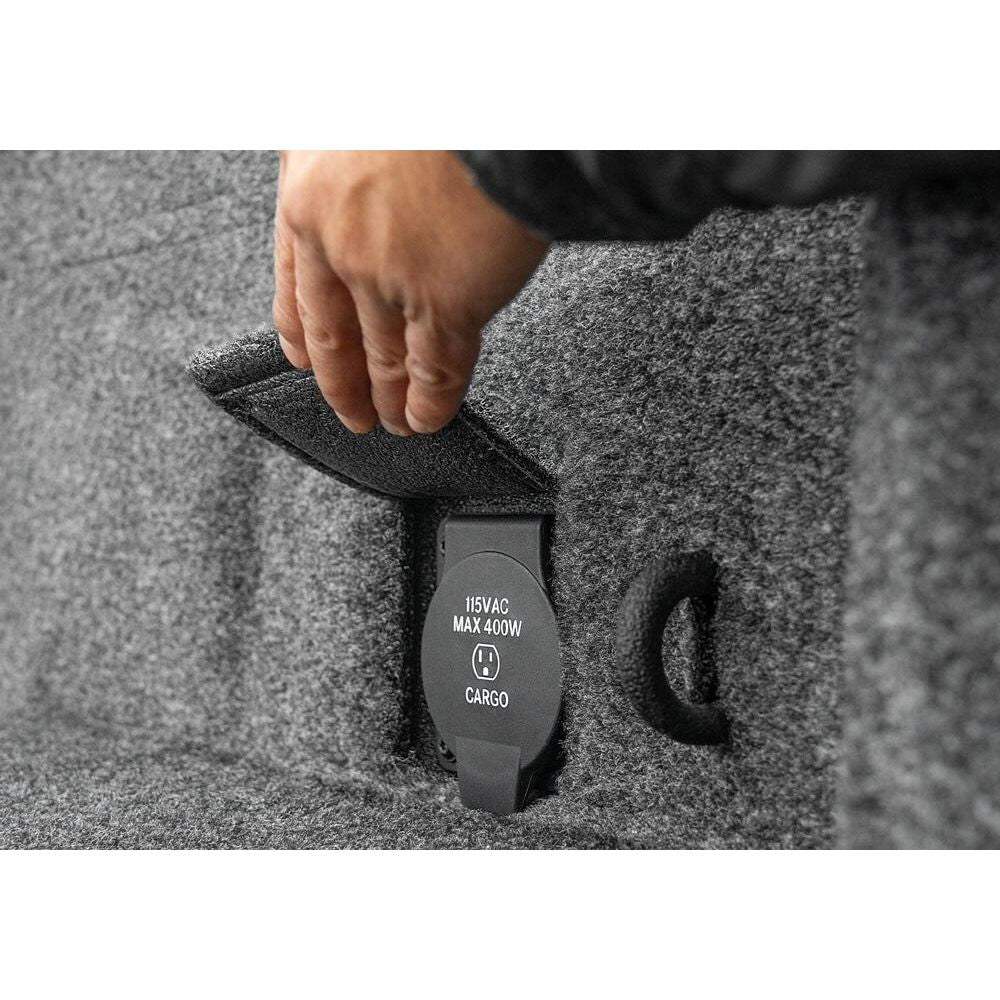 BedRug 2020-2025 Jeep Gladiator Bed Liner w/ Tailgate Mat - Charcoal (BRJ20SBK) showing installed power outlet