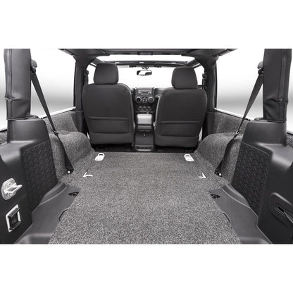 BedRug Jeep 07-10 Jeep JK 2Dr Rear 5Pc Cargo Kit - Charcoal (Includes Tailgate & Tub Liner) Cargo Kit installed in Jeep interior.