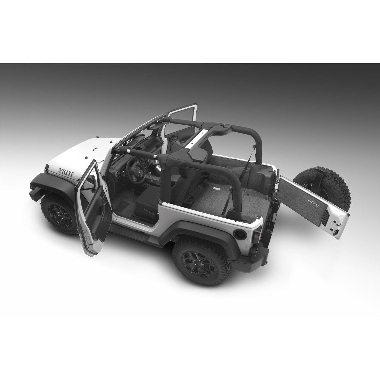 BedRug Jeep 11-18 Jeep JK 2Dr Front 3Pc Floor Kit - Charcoal (Includes Heat Shields) Floor Liner Kit installed in a Jeep.