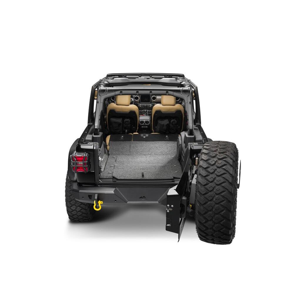 BedRug 2018-2026 Jeep Wrangler 4 Door Bed Liner - Charcoal (BRJL18R4) installed in a Jeep interior.