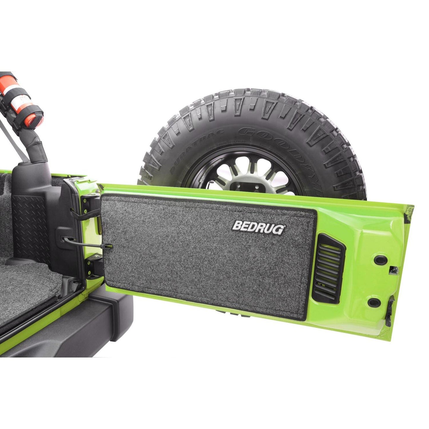 BedRug 2018-2026 Jeep Wrangler Tailgate Mat - Charcoal (BRJLTG) installed in a Jeep tailgate.