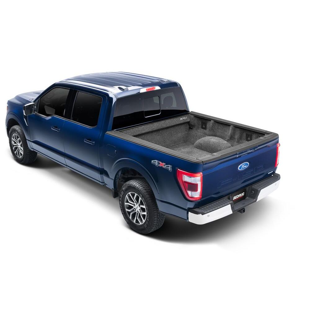 BedRug 2015-2025 Ford F-150 8' Bed Liner w/ Tailgate Mat - Charcoal (BRQ15LBK) installed in blue Ford F-150 truck.