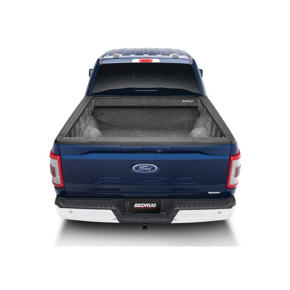 BedRug 2015-2025 Ford F-150 8' Bed Liner w/ Tailgate Mat - Charcoal (BRQ15LBK) installed in a blue Ford truck.
