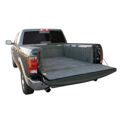 BedRug 09-18 - Charcoal (19-23 Classic) Dodge Ram 5'7" Bed w/ Rambox w/Bed Rail Storage Bed Liner w/ Tailgate Mat installed in truck bed.